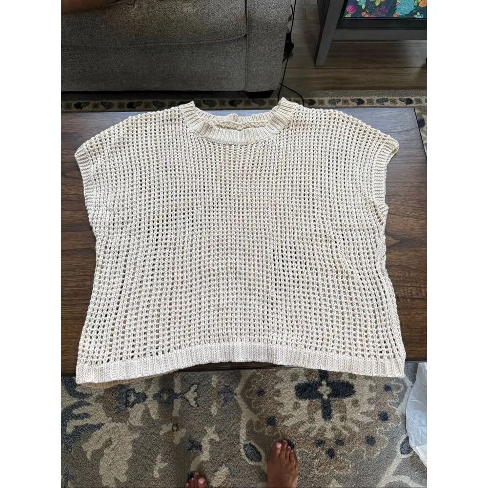 Neutral Open Stitch oatmeal Short Sleeve Sweater 2XL